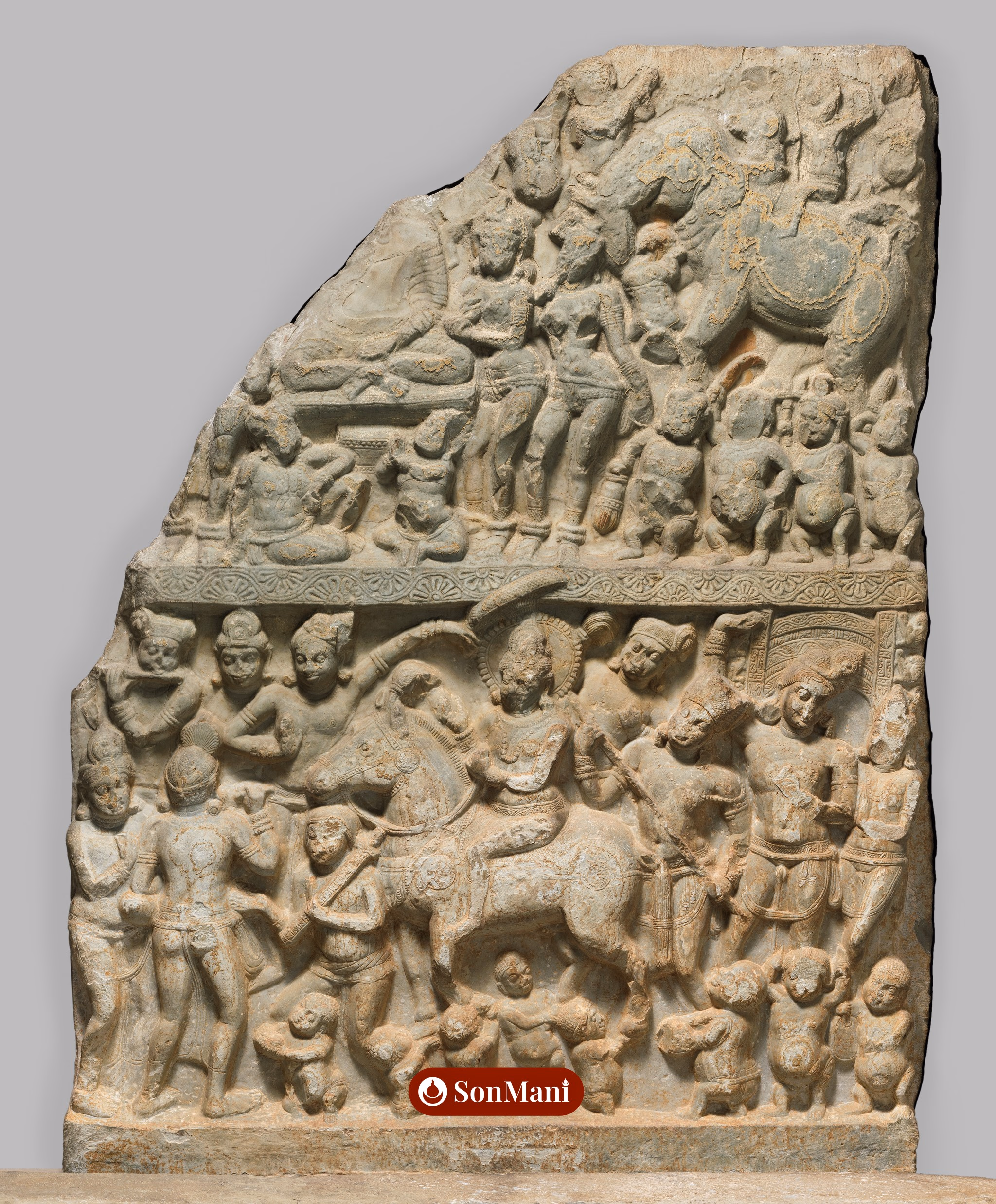 Drum panel depicting the Great Departure and the Temptation of Māra, Nagarjunakonda, Andhra Pradesh, India, first half of the 3rd century CE