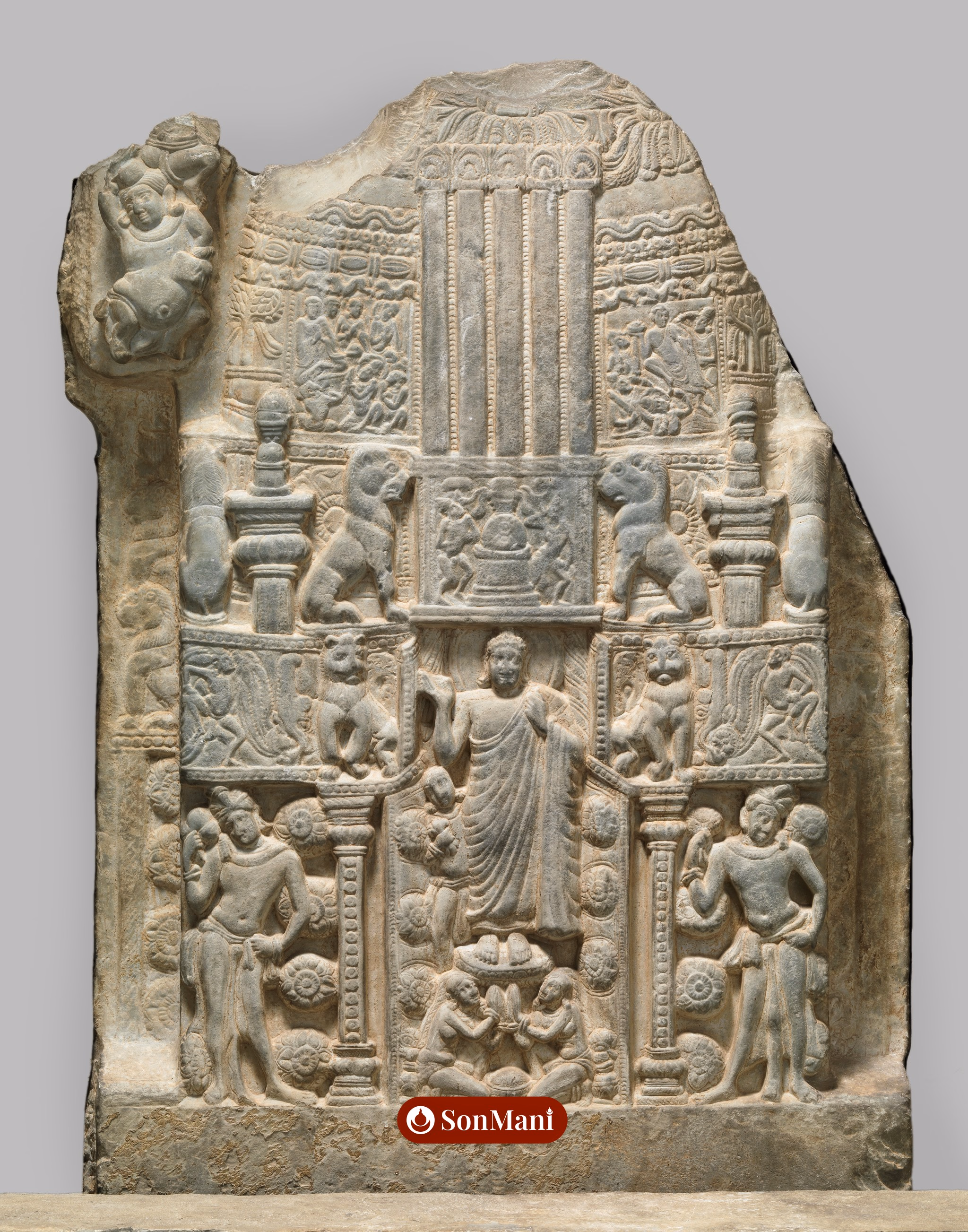 Drum panel depicting a stūpa with the Buddha's descent from Trāyastriṃśa Heaven, Nagarjunakonda (Stūpa Site 6), Andhra Pradesh, India, late 3rd century CE