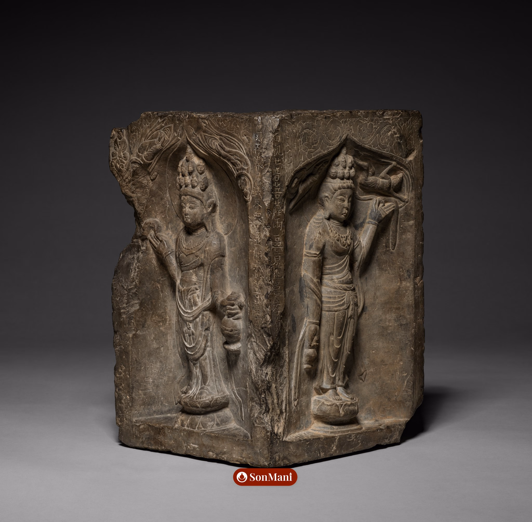 Corner Stone with Two Eleven-Headed Guanyin, China, Tang dynasty (618-907), c. 700